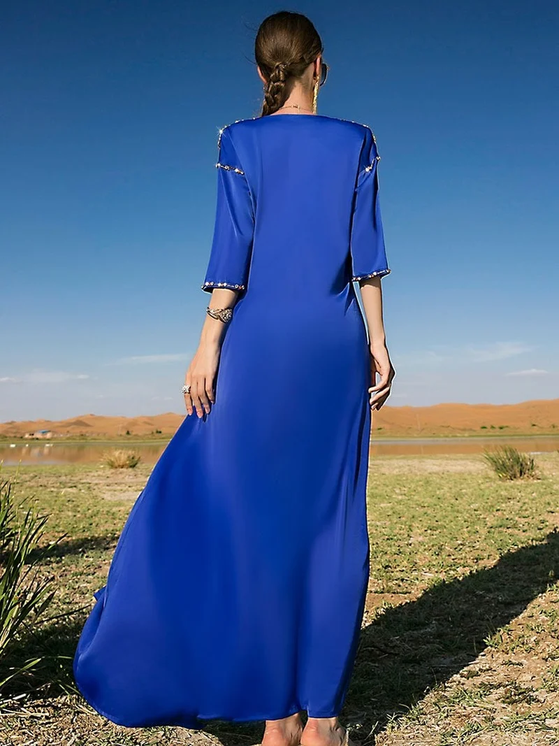 Hand Sewn Rhinestone Arabic Evening Long Dress Moroccan Party Caftan Dubai Saudi Gulf Jalabiya Muslim Eid Ramadan Abaya Kaftan