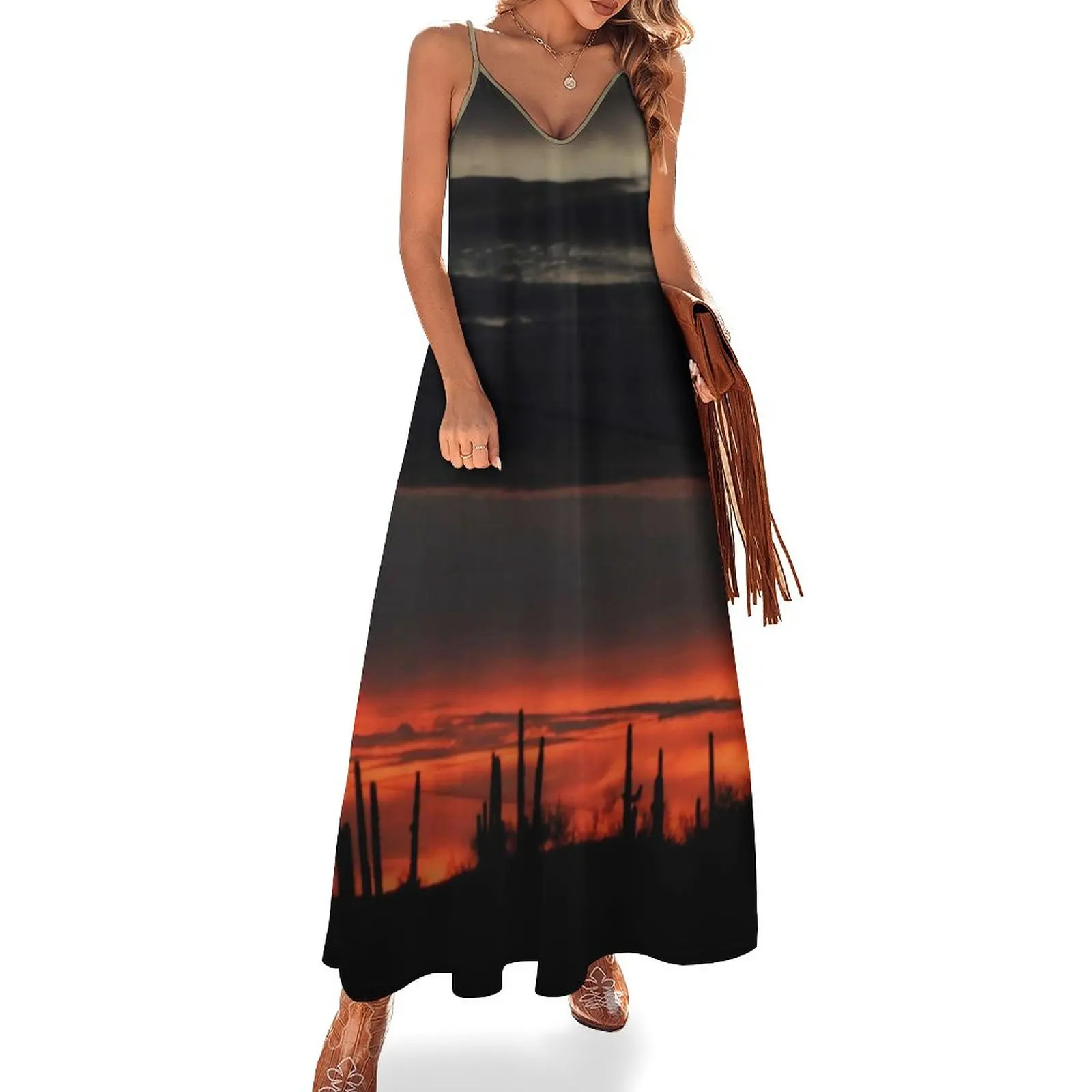 

Desert Landscape Dress Dark Clouds and Cactus Elegant Maxi Dress Strap Aesthetic Boho Beach Long Dresses V Neck Oversize Vestido