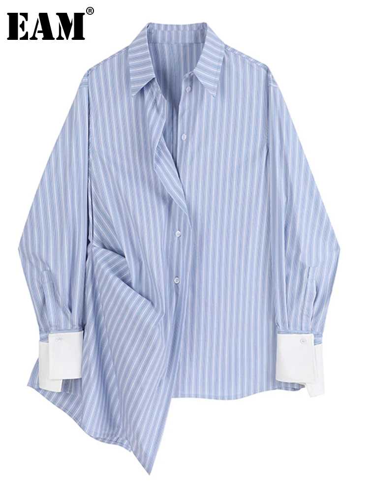 

[EAM] Women Blue Striped Irregular Big Size Blouse New Lapel Long Sleeve Loose Fit Shirt Fashion Tide Spring Autumn 2022 1DD5056