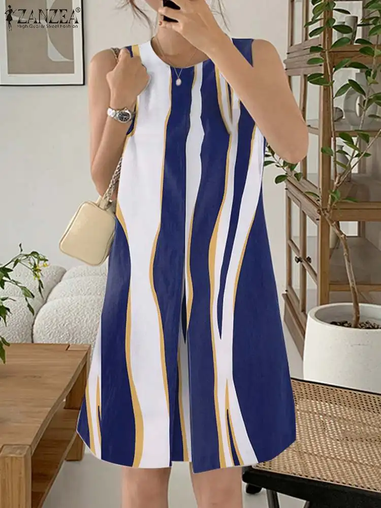 Платье ZANZEA женское короткое с круглым вырезом Модный сарафан в полоску без