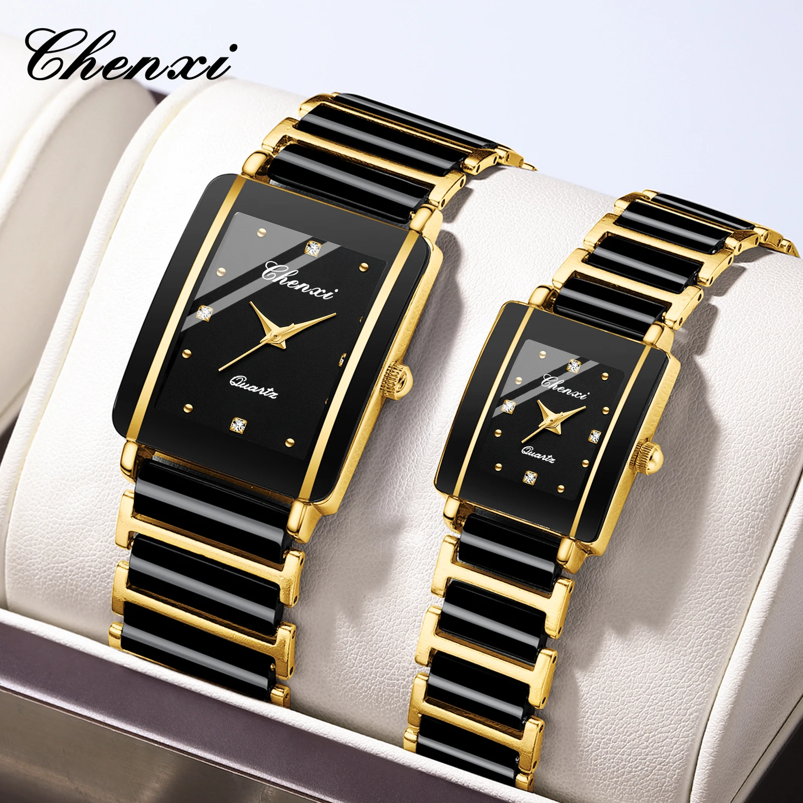 Фото Часы CHENXI 104A для пар, прямоугольные кварцевые часы для женщин и мужчин, имитация керамики, часы для женщин, женские часы. №3