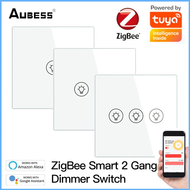 

Aubess Smart ZigBee Multi-gang Light Dimmer Switch Independent Control Tuya APP Control Works With Amazon Alexa Google Home