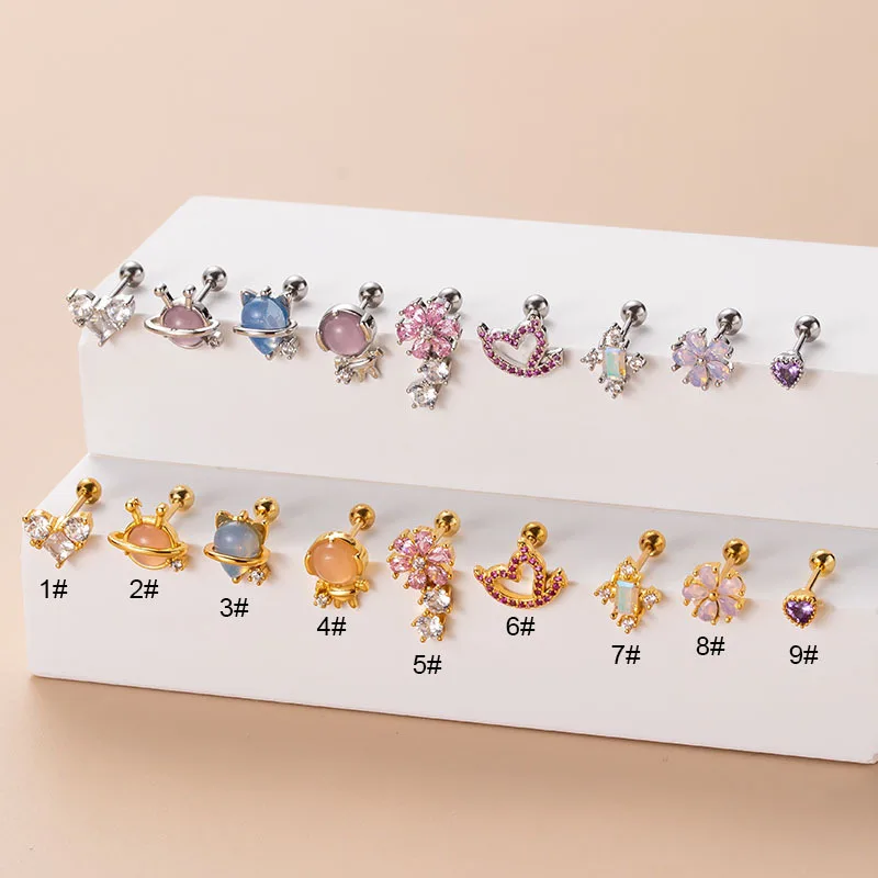 

Stainless Steel Piercing Ear Stud Heart Geometric Colore Zircon Pendant Earbone Conch Lobe Cartilage Body Jewelry For Women 20G