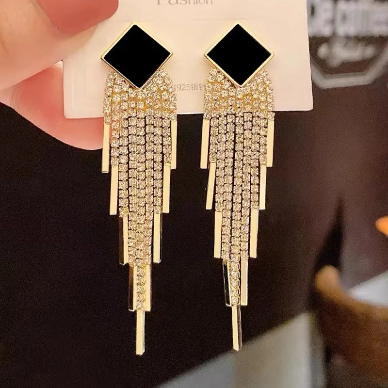 925 Silver Needle Elegant Earrings European and American Fashion Exaggerated Rhinestone Long Tassel Jewelry