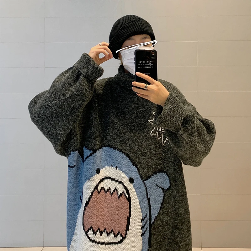 2023 Winter Men Turtlenecks Shark Sweater Men Patchwor Harajuku Korean Style High Neck Oversized Grey Turtleneck Pullover Men
