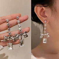 fashion silver plated bow earrings shiny rhinestones womens long earrings korean trend womens wedding engagement jewelry