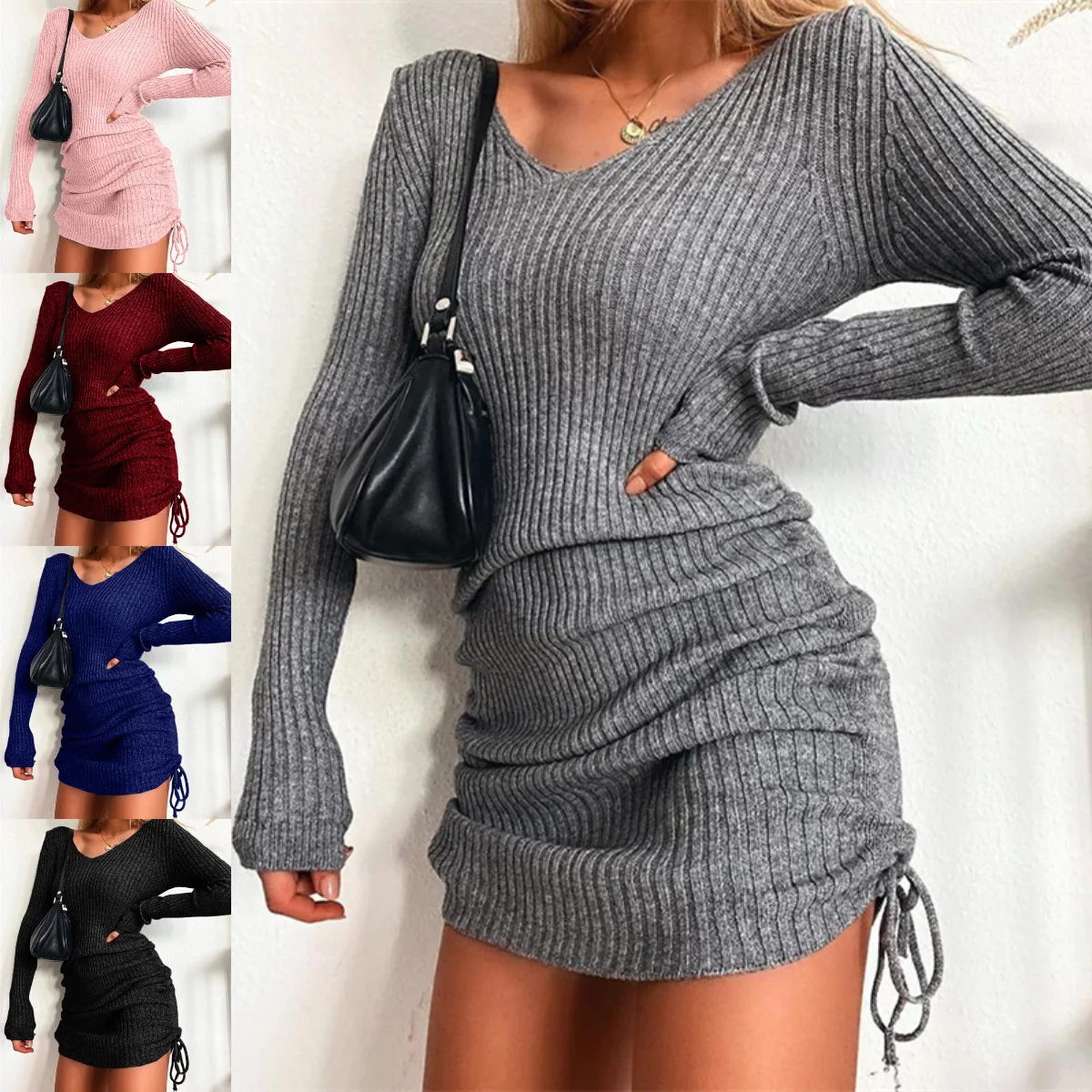 

SKMY Sweater Dress V-Neck Long Sleeve Autumn Winter Sexy Club Outfits Slim Drawstring Pleated Bodycon Dress Solid Color