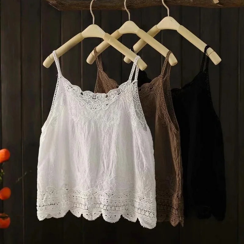 

Women's Cotton Literary Lace Camisole Hollow Lace Backless Camis Women Summer Bottoming Shirt Summer Lace Tanks Tops