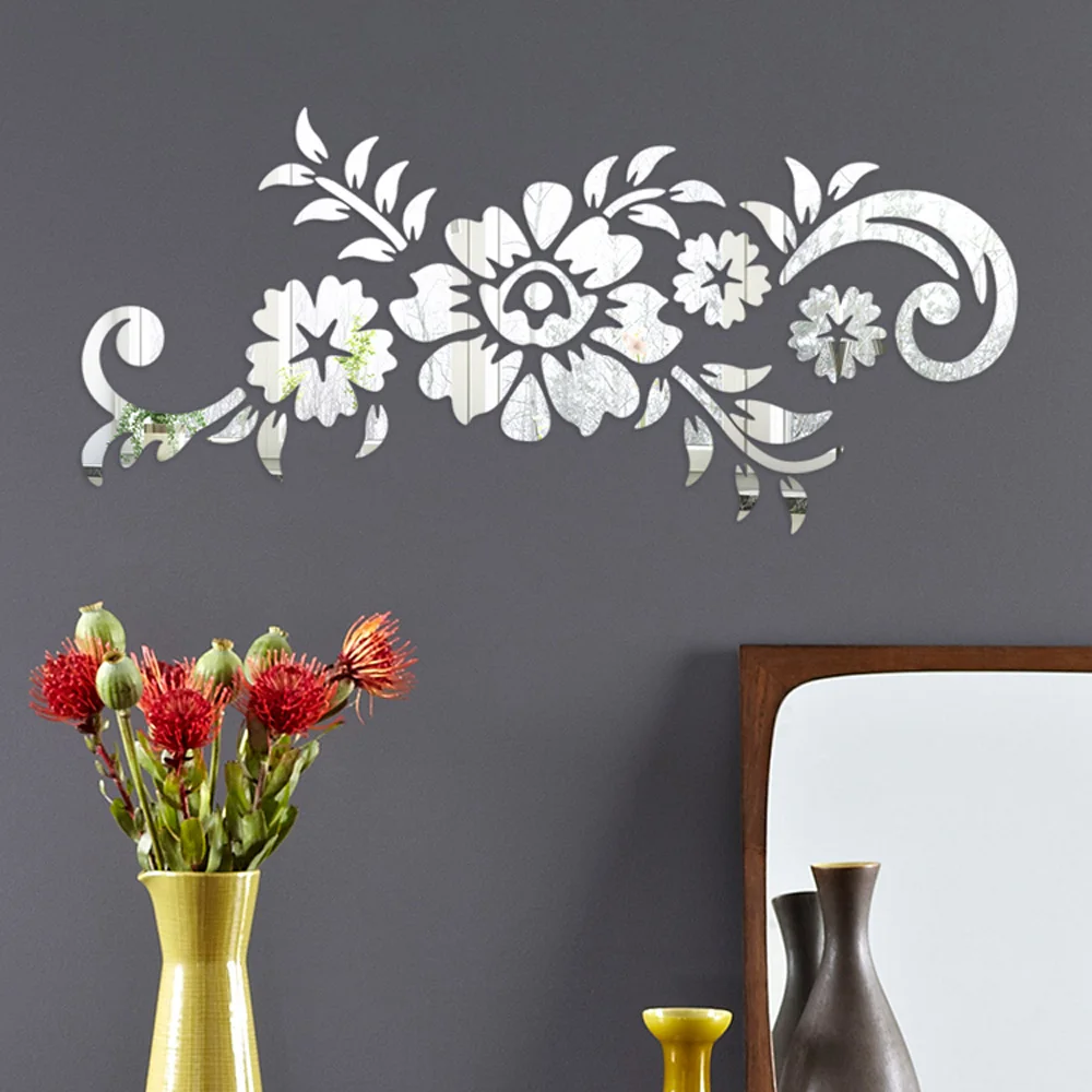 

50x21.5CM 1PC Floral Acrylic Mirror Wall Sticker Gold Silver Bedroom DIY Ideas 3D Decal Mural Home Living Room Decoration