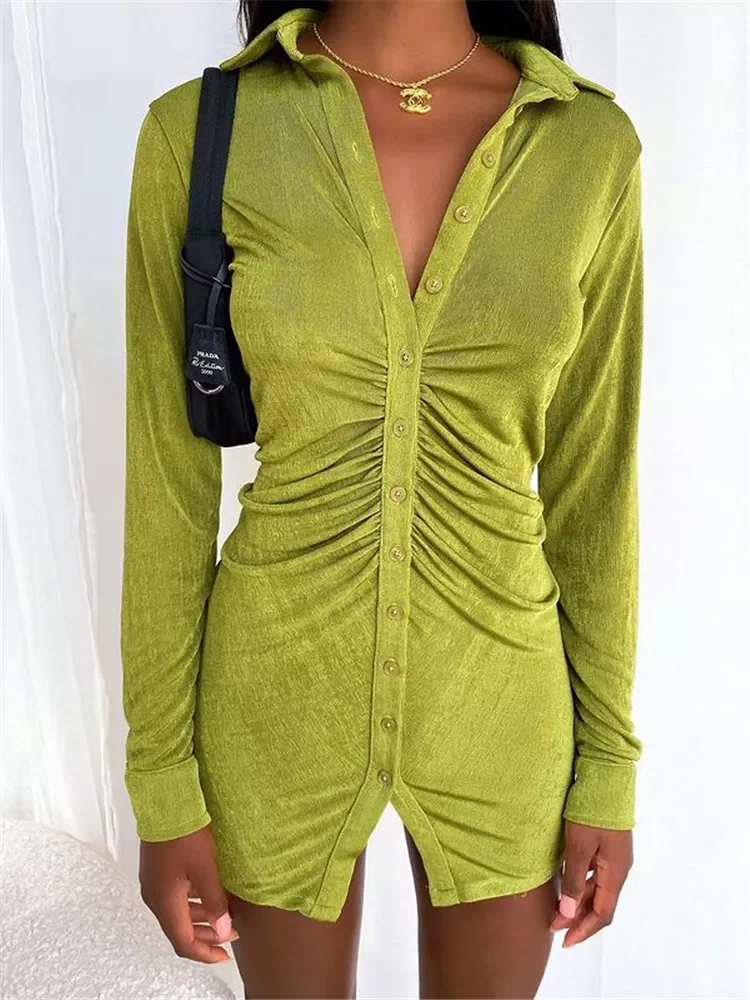 

Tossy 2021 Spring Shirt Dress With Ruched Sexy Turn-Down Collar Long sleeve Mini Dress Casual Streetwear Female Designer Dresses