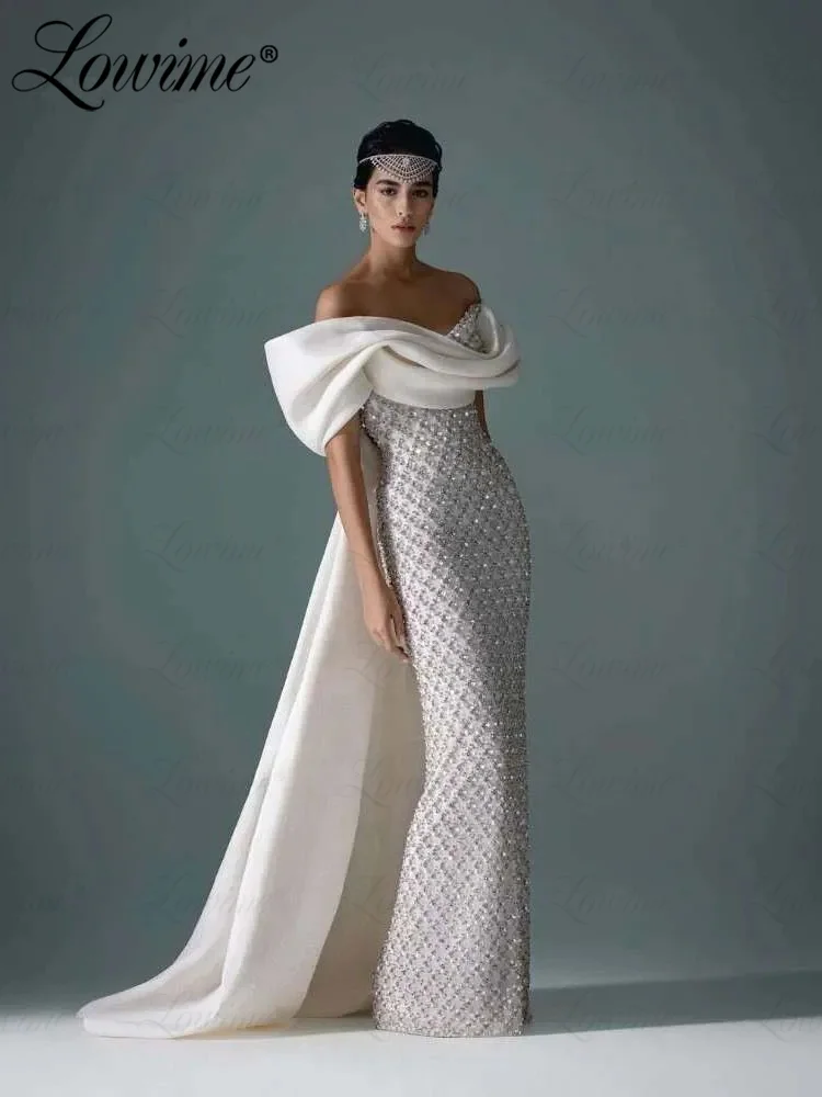 

Lowime Dubai Design Off The Shoulder Beaded Sequins Elegant Evening Dresses 2023 Couture Celebrity Dresses Party Prom Gowns