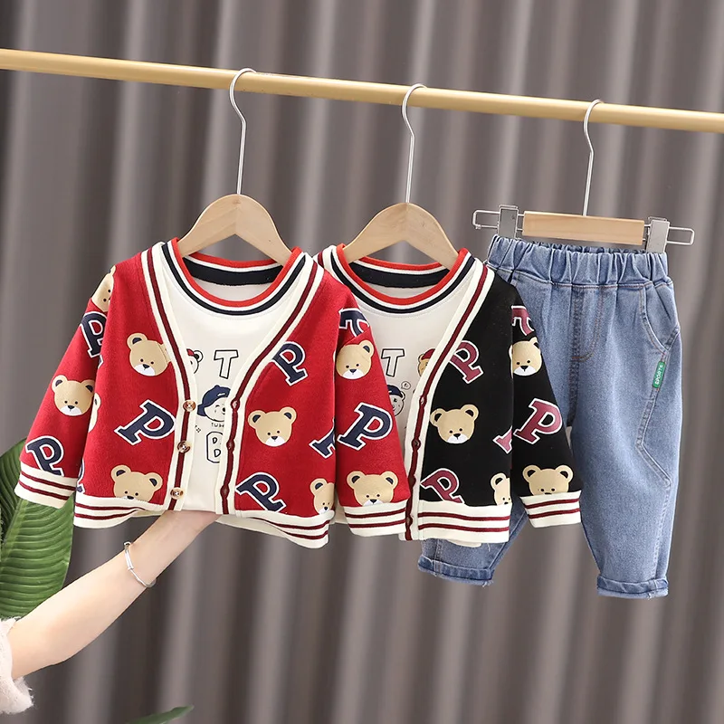 

0-4 Years Old Spring Fashion Children's Clothing Baby Fashion Cartoon Cardigan Set Boys' and Girls' Waistcoat Three Piece Set