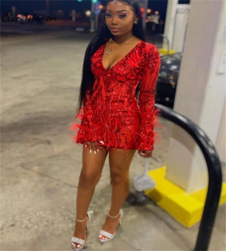 

Fashion Red Feather Prom Dress With Sequin Sparkle Long Sleeve Black Girls Graduation Dresses 2023 V Neck Plus Size Evening Wear