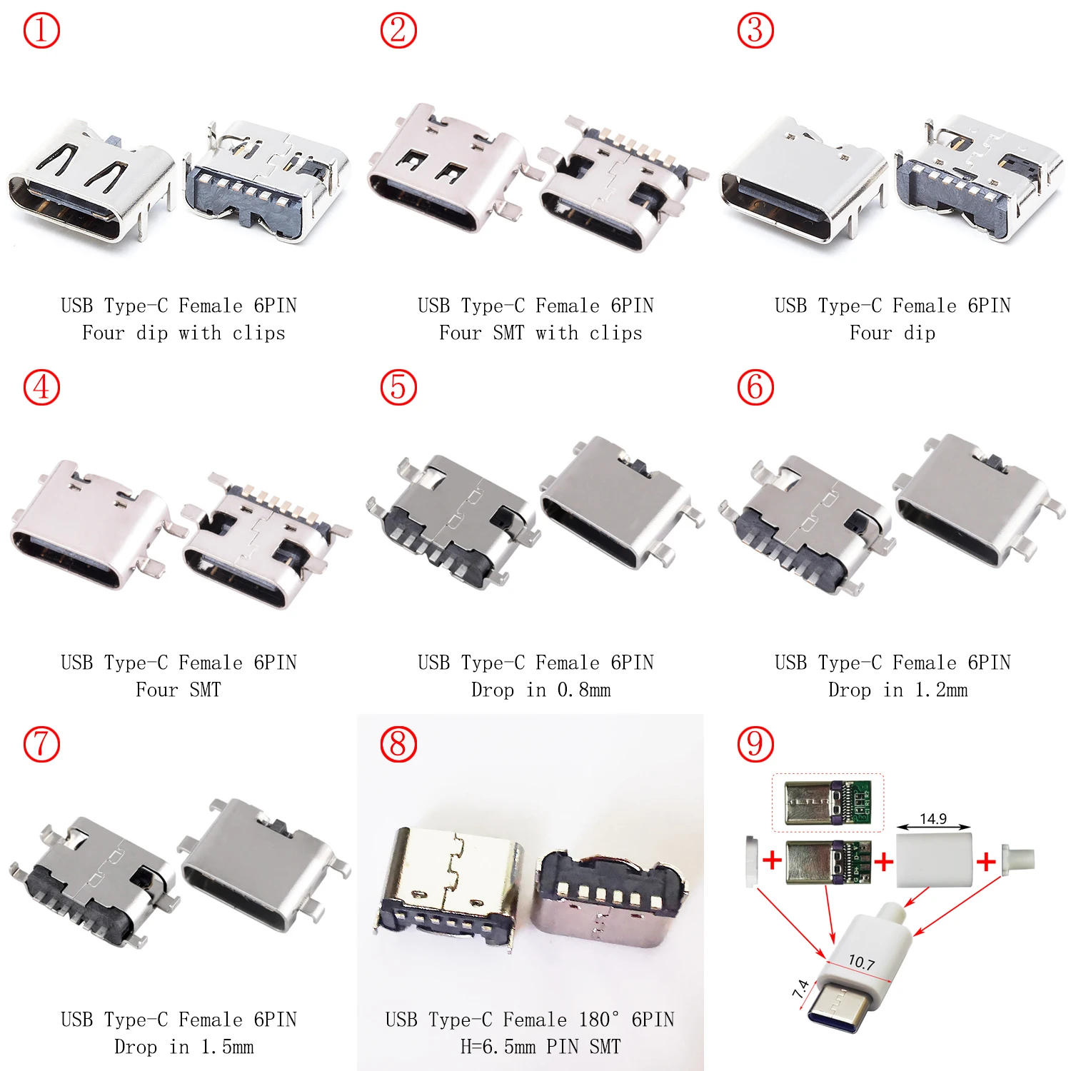 10 шт. 9 моделей USB 2.0 Тип C штекер гнездовой разъем 6-контактный SMT DIP разъем для зарядки телефона разъем для передачи данных диаметр 3,2 мм