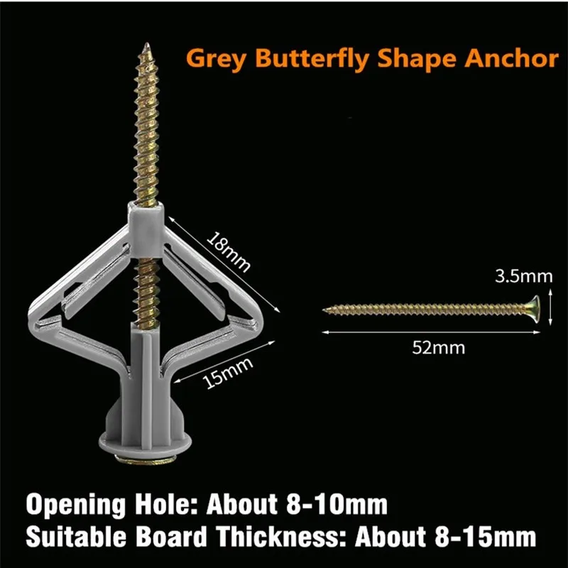 Стандартный набор из 100 пластиковых расширительных дюбелей с саморезами для гипсовых и фибровых плит. Отличное решение для самостоятельного крепления предметов на стены в доме.