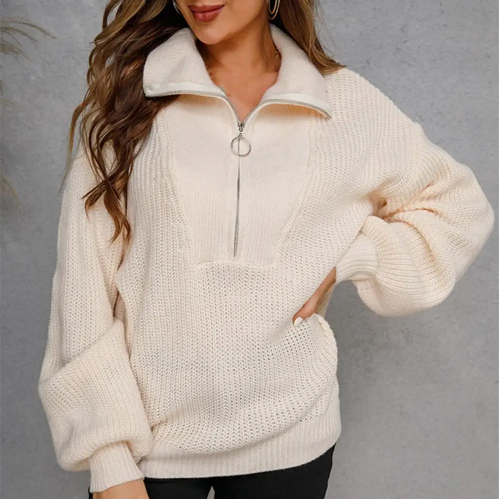 

Autumn Women Lapel Lantern Sleeve Zipper Half Placket Knitted Sweater Coats Solid Color Sweater Sweatshirts Female chaquetas