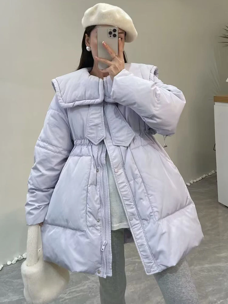 Fitaylor Winter Women White Duck Down Coat Female Turn-down Collar Drawstring Long Coat Casual Lady Loose Thick Coat