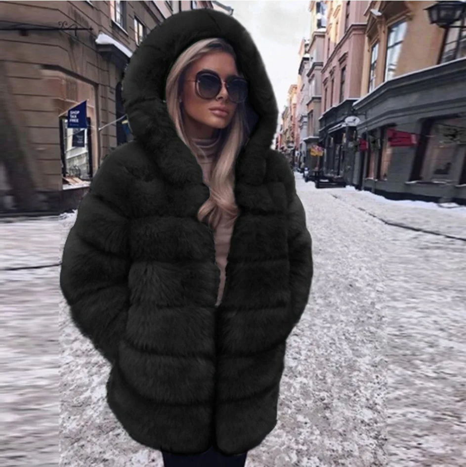 Фото Женское меховое пальто из искусственного лисьего меха с длинным рукавом и