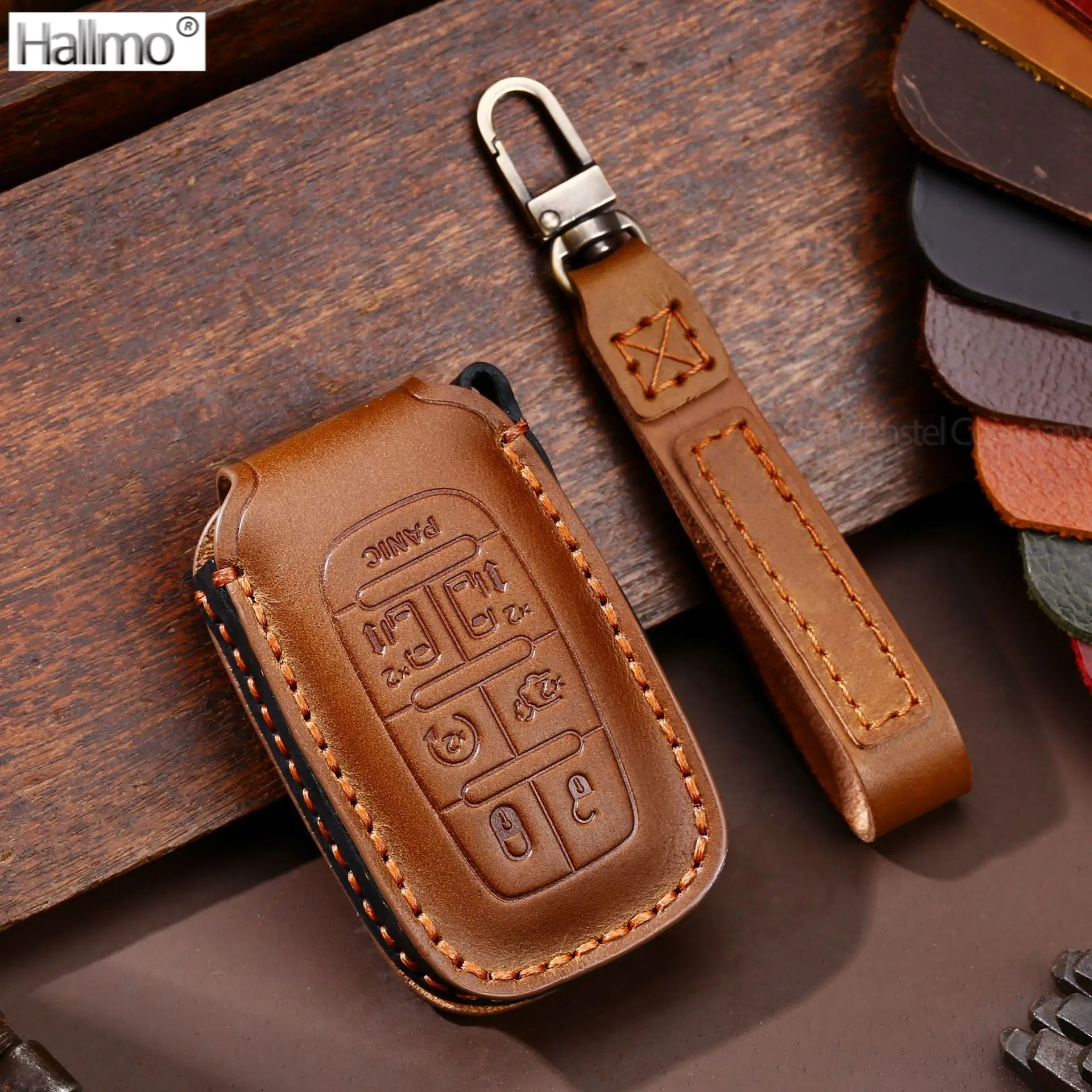 

Hallmo Leather Car Key Case Cover Luxury Business Handmade Key Bag Shell for Chrysler Pacifica Voyager PHEV 2017 2018 2019 2020