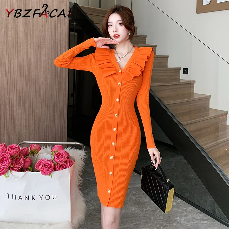 

Black Sweater Dress Fall Winter 2022 Ruffle V-neck Single-breasted Slim Knitted Dress Women Elegant Luxury Sexy Party Dresses