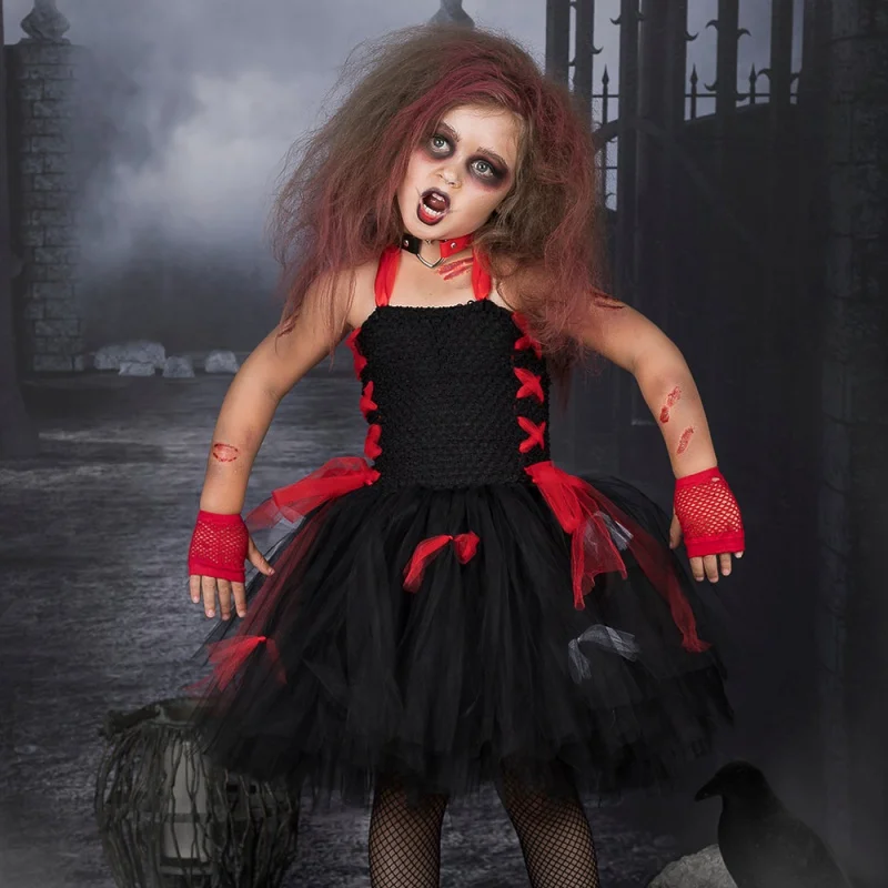 

Scary Zombie Kids Halloween Costume Set Black Red Vampire Girls Tutu Dress Halloween Children Clothing Tulle Dresses