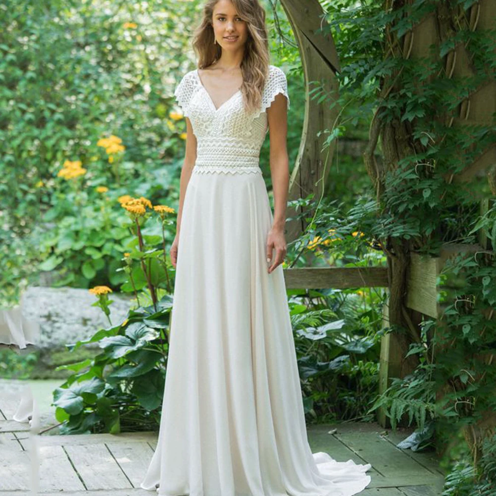 

Classic Robe De Mariée Zipper Backless V-Neck Lace Short Sleeves Wedding Dress For Women Chiffon Sweep Train Vestidos De Noiva