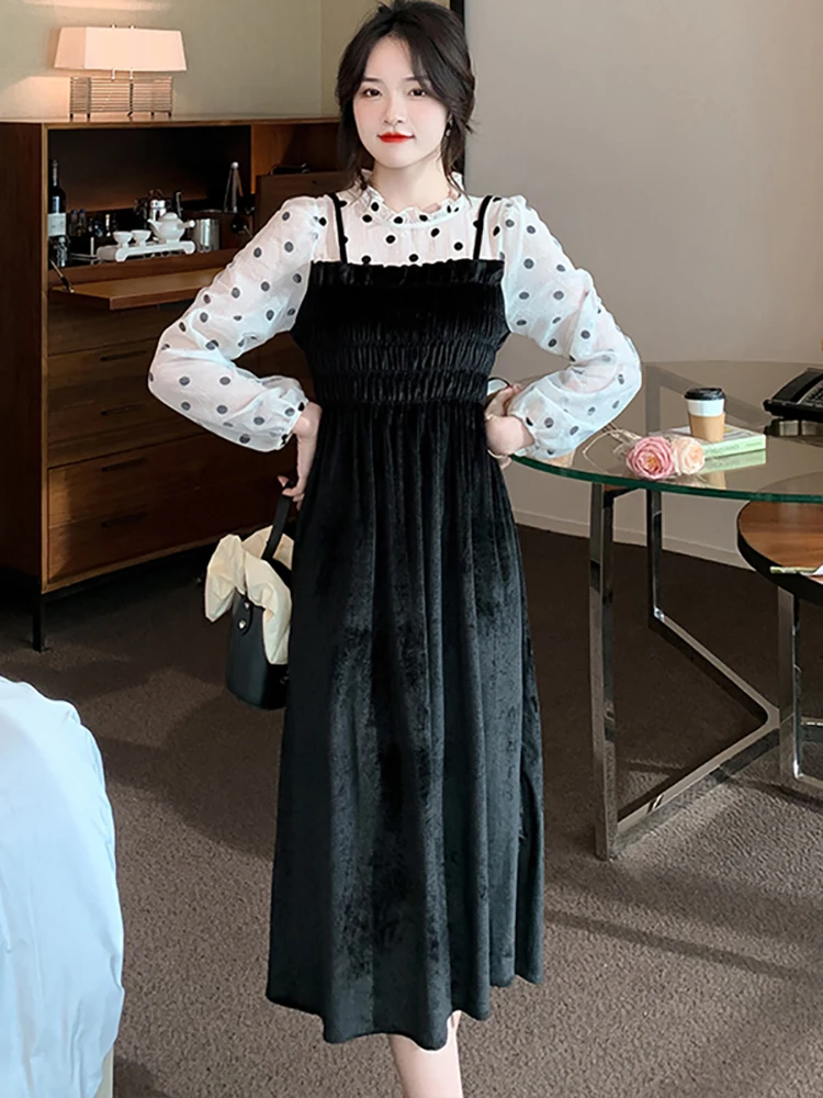 

Женское бархатное платье-миди в горошек, черное винтажное шифоновое платье составного кроя с длинным рукавом и оборками на воротнике, Осень-зима 2023