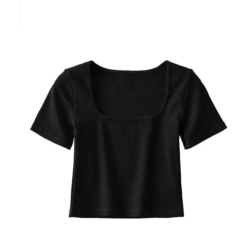 Women Square Neck Rib Crop T-shirt Short Sleeve Crop Top