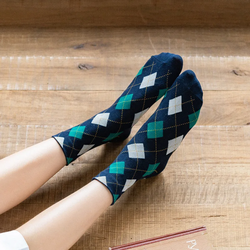 5 Pairs Korean Japanese Cute Kawaii Cartoon Women Socks Ins Student Colorful Diamond Plaid Casual Tube Socks