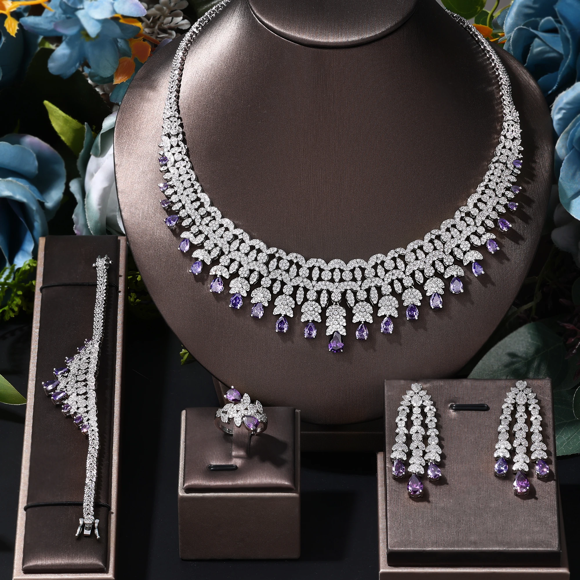 Exquisite 4-piece Bridal Zirconia Full Set Women's Party Jewelry Set, Deluxe Dubai Nigeria CZ Crystal Wedding Jewelry Set