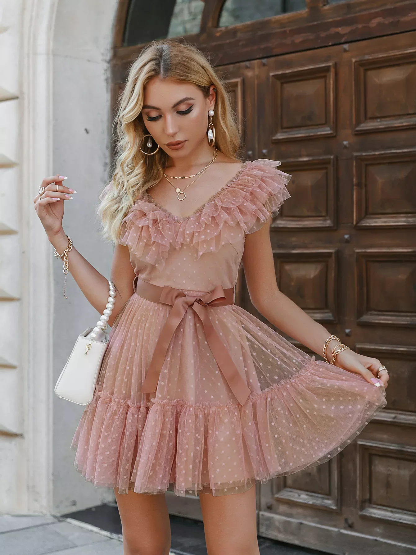 

New in Holiday polka dot ruffle A-line v-neck tulle dress women Elegant lace up sleeveless party vestido Female lace mini dress