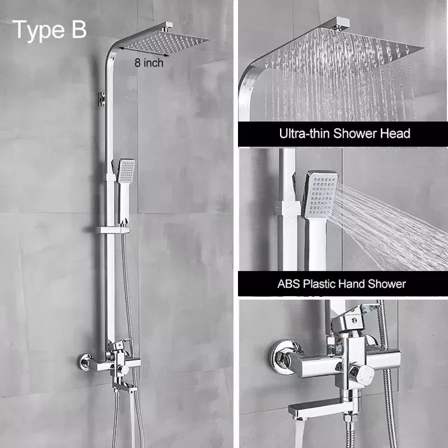

Chrome Polished Shower Set ABS Shower Head and Hand Shower Black Faucet Type Shape Shower System Hot Cold Mixer Bath Faucet