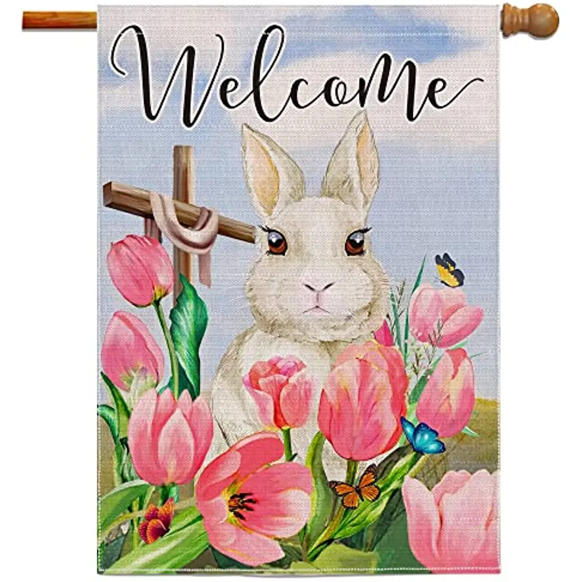 

New Easter Flags Bunny Welcome Large Easter Garden Flag, Spring Tulip Flowers Outdoor Decor for Yard Patio Lawn, Decorative