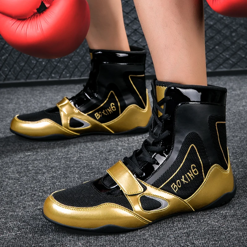 Professional Unisex Gold High Top Wrestling Shoes Boxing and Fighting Training Boots Outdoor Sports Shoes Large Sizes 36-47