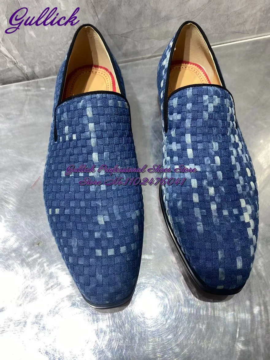 Туфли Gulick мужские синие плетеные под джинсовую ткань лоферы без застежек