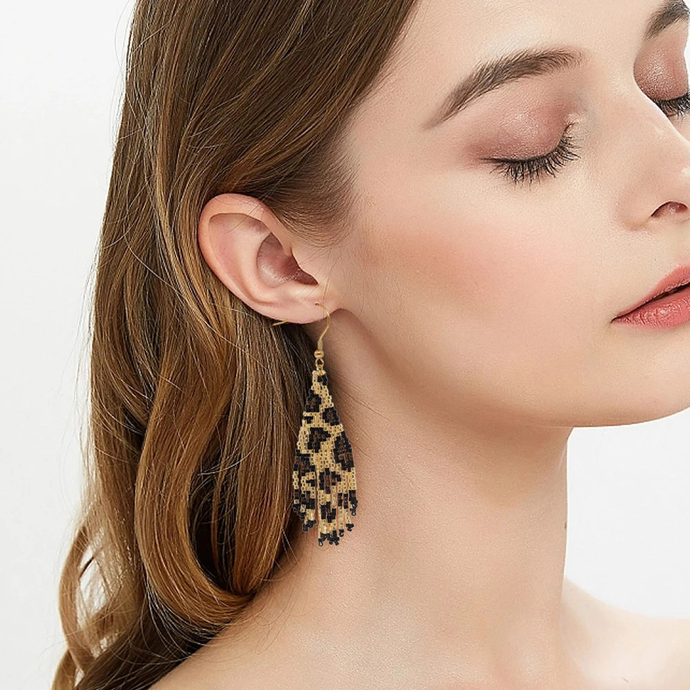 

GO2BOHO New Arrival Leopard Print Tassel Long Earrings Bohemia Miyuki Beads Braided Hook Earrings For Ladies