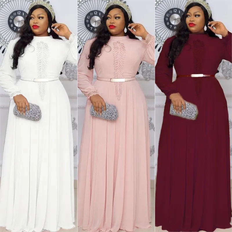 African Dresses For Women Long Sleeve Casual Robe Solid Chiffon Maxi Dress Muslim Ethnic Wear 2023 Elegant Embroidery Vestido