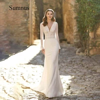 white long sleeve wedding dresses deep v neck back button appliques bride dress elegant long dubai wedding gown detachable train