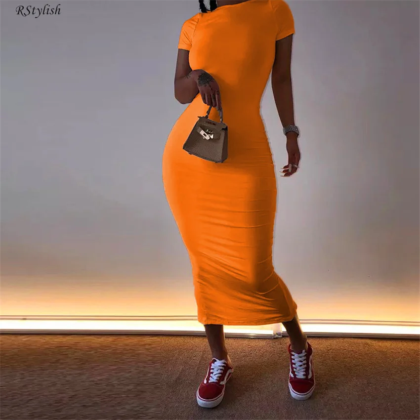 

Clearance-sale Summer Dress Casual Solid Color O-Neck Skinny Dress Female Short Sleeve High Waist T-Shirt Dresses Women Vestido