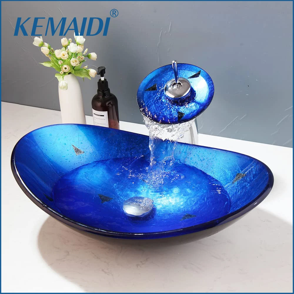 

KEMAIDI Bathroom Vanity Blue Oval Tempered Glass Basin Bowl Vessel Sinks Waterfall Faucet Set Deck Mounted Chrome Mixer Tap