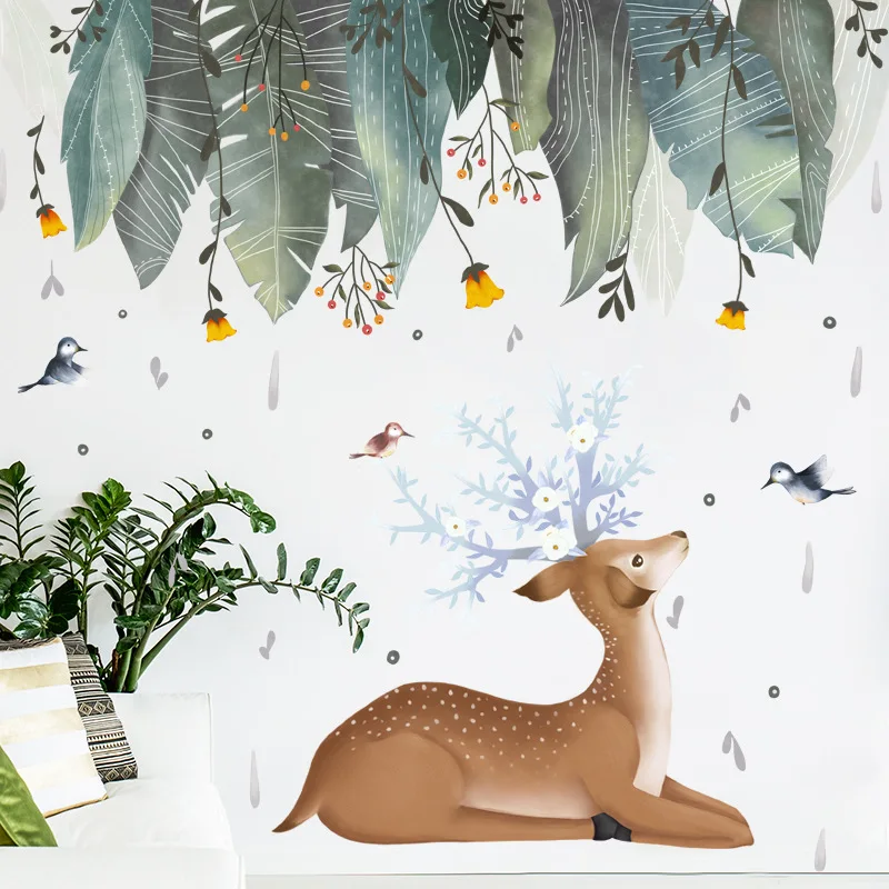 

Nordic Wall Stickers Deer Leaves Small Fresh Sticker Home Decor Living Room Bedroom Decor Self-adhesive Stickers Room Decoration