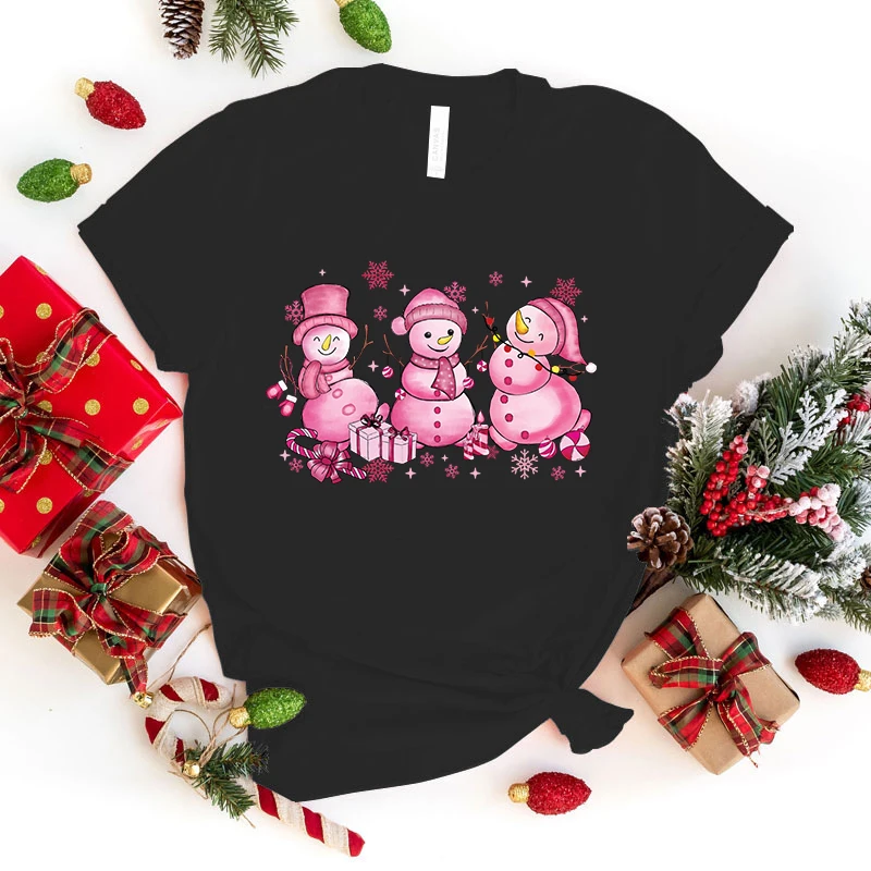 

(Футболка премиум-класса) рождественские розовые футболки с принтом снеговика для женщин летние модные повседневные женские топы с коротким рукавом и круглым вырезом