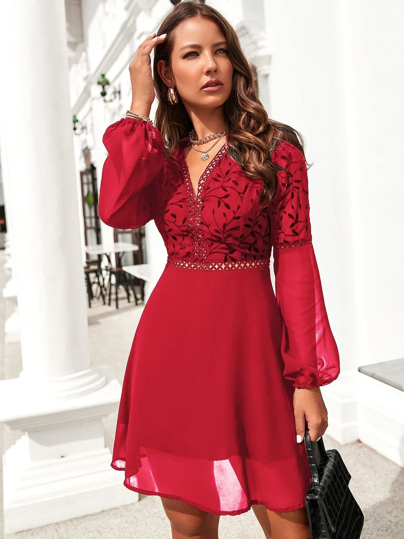 

Guipure Lace Insert Lantern Sleeve Chiffon Dress