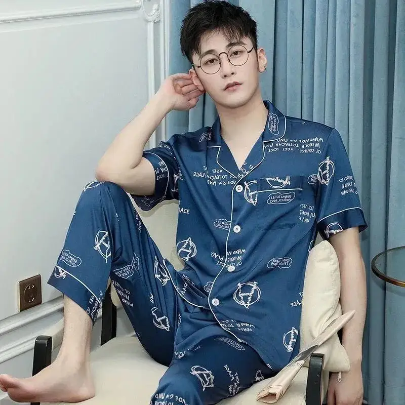 1 mmer ice silk silk pajamas, men with short sleeves simulation silk suit trousers leisurewear youth summer thin model
