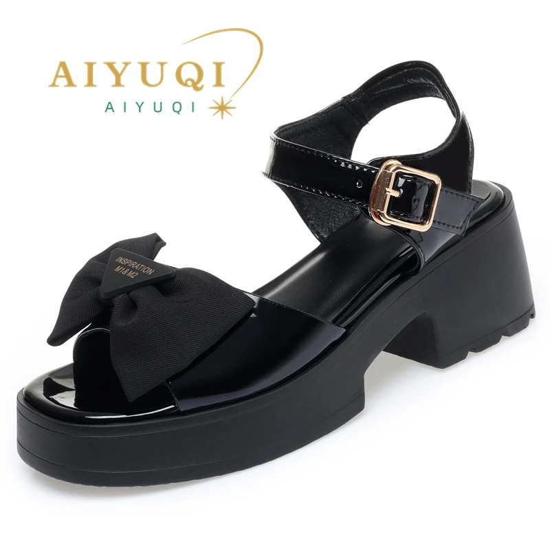 AIYUQI Girls Sandals 2023 Summer New Hollow Women's Sandals Mid Heel Fashion Bow Sandals Ladies