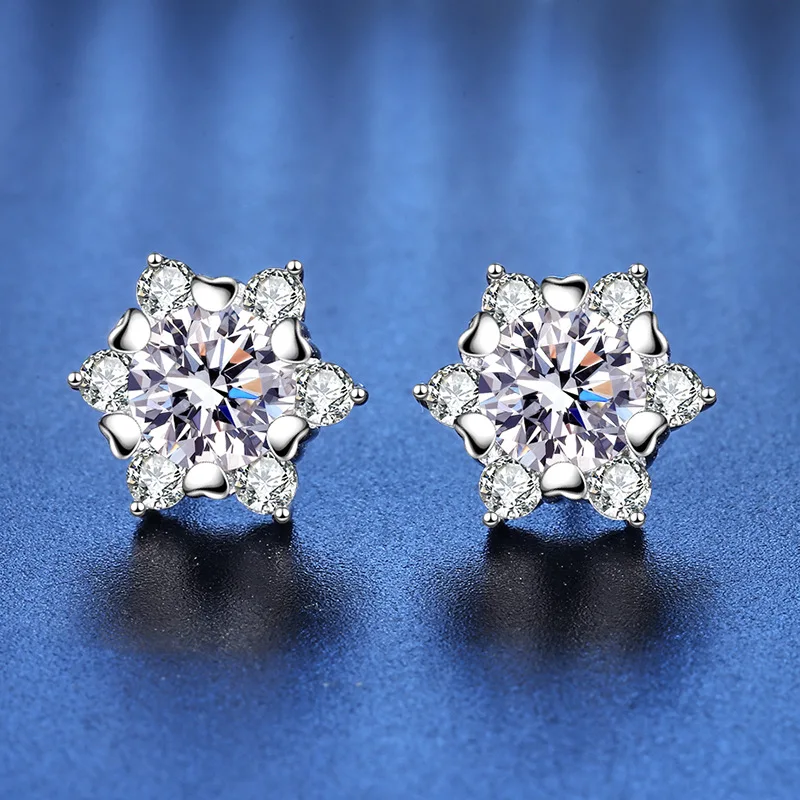 

S925 Silver Needle Snowflake Hex Stud Earrings Women New 1 Carat Moissanite Engagement Jewelry