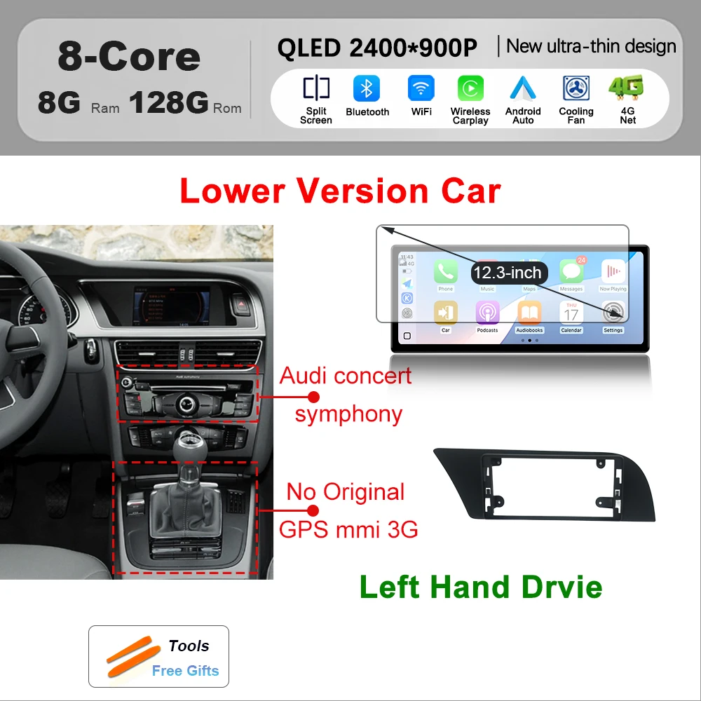 

Автомобильный радиоприемник для Audi A4 A5 2009-2016, мультимедийный беспроводной CarPlay Android 15, навигация, GPS QLED, сенсорный экран, Bluetooth, автомобильные радиоприемники