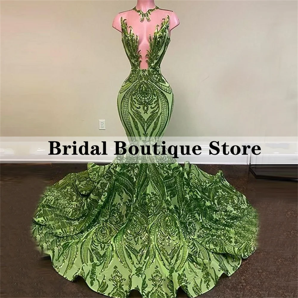 

Luxury Green Prom Dresses Sequins Mermaid African Birthday Party Dress Zipper Evening Gowns Formal Elegant Robes De Soirée