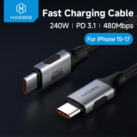 Кабель Hagibis USB C — USB C, зарядное устройство USB Type C, шнур 240 Вт PD3.1, короткая зарядка для iPhone 15/16/17 Pro, ноутбуков, планшетов, автомобилей