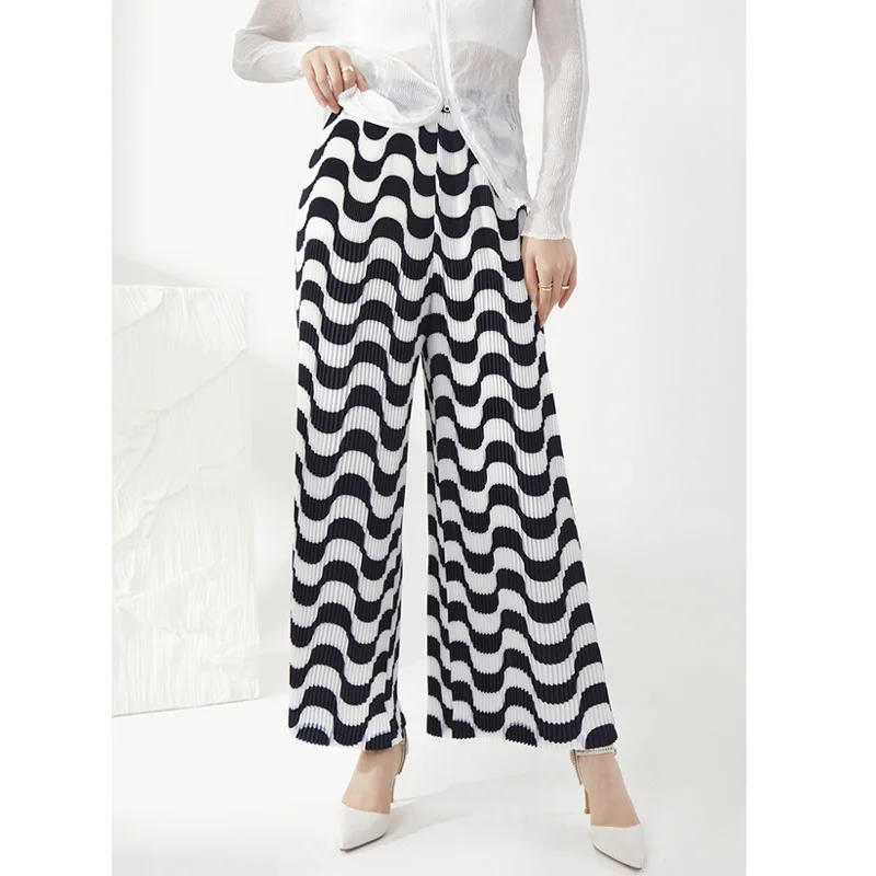 Miyake pleated wide-leg pants drape trousers women's striped pants summer new loose western style casual pants